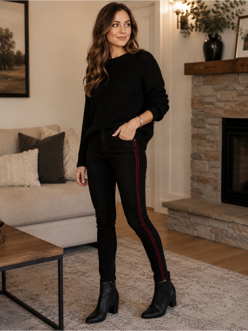 7 For All Mankind Black Skinny Jeans Red Velvet Stripe Size 28